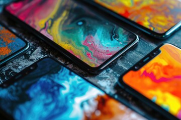 Mobile phones with abstract backgrounds.