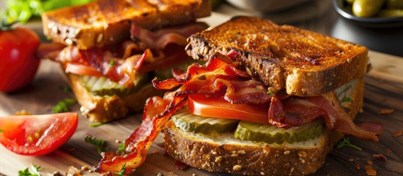 Bacon, tomato and pickles on a sandwich.