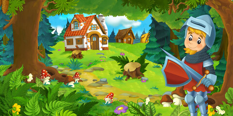 cartoon scene with beautiful rural brick house in the forest on the meadow knight prince illustration for children