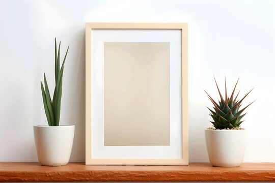 Blank frame on a wall with potted cactus and plant on a wooden shelf, minimalist interior decor.