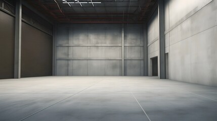 Empty industrial warehouse interior with concrete floors and walls, ample space for storage or creative mockup.