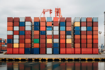 Fototapeta premium Stack of Containers Cargo Ship Import/Export in Harbor Port, Cargo Freight Shipping of Container Logistics Industry. Nautical Transport Distribution Yard, Business Commercial Dock and Transportation. 