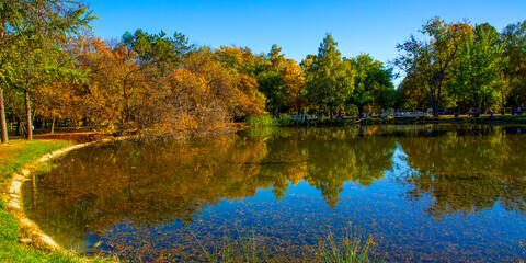 Fototapeta na wymiar Macedonia - Skopje, October 29, 2023, Skopje city park with yellowed leaves on the trees in autumn