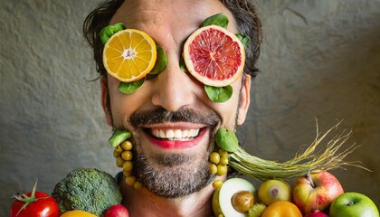 Fun image of an offbeat portrait of a man with an expressive face with fruits and vegetables around...