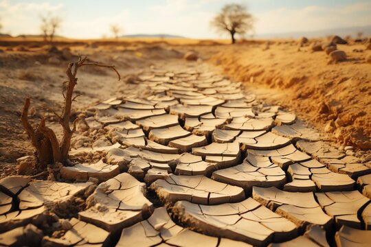 Dried land in the desert Cracked soil crust climate change, sharpness ,extreme detail, 8K resolution, ultra high quality 