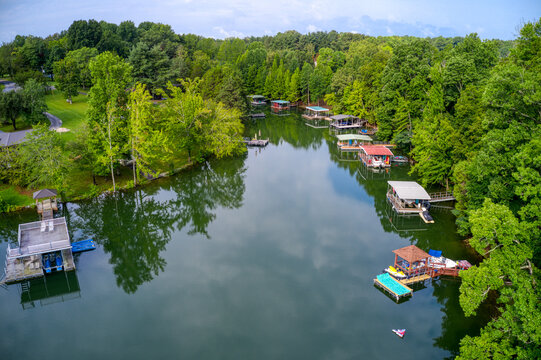 Aerial view of beautiful lake cove and waterfront vacation homes and boat houses on beautiful Tims Ford Lake in Winchester Tennessee
