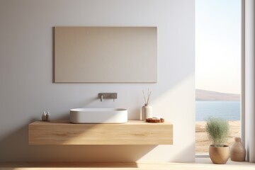 Fototapeta na wymiar Modern bathroom design interior with wooden countertop