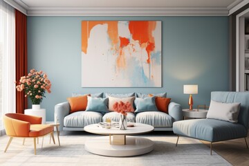 Living room with contemporary interior in blue and orange colors