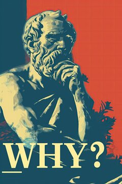 This thought-provoking image showcases a stylized rendition of the classical philosopher Socrates, set against a contrasting backdrop, with the question "WHY?" prominently displayed