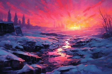 Vibrant pink lights dance over icy, snowy landscapes. Generative AI