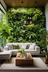 A cozy living room with an entire wall converted into  vertical garden. Biophilic design