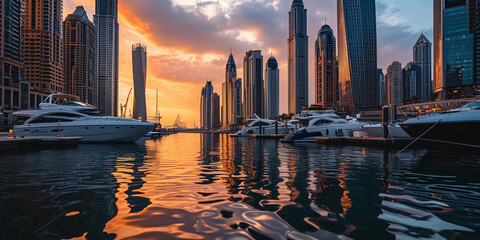 Modern city canal in Dubai, luxurious yachts anchored, tall glass skyscrapers looming in the...