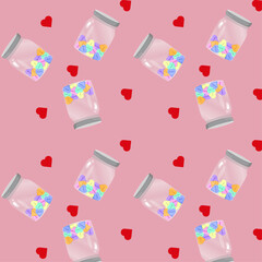 Seamless colorful jars sweets hearts background, happy valentines day