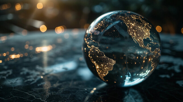 Transparent globe of Earth suspended in space, glowing, showing lit-up city grids at night, black background