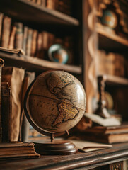 Earth globe, sepia tones, placed on a dusty bookshelf, old maps and globes in the background
