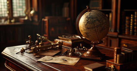 Earth globe, spinning on an ancient mahogany desk, surrounded by antique navigational tools