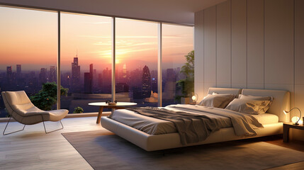 A bedroom with neutral shades and a panoramic window leading to the atmosphere of a metropolis