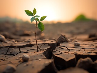 I Commercial photography, stock photo, A single green leafed sapling poking out of dried cracked earth in the middle of a barren desert - obrazy, fototapety, plakaty