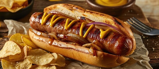 Spiced sausage in a bun with onion, mustard, and chips.