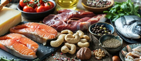 Zinc-rich foods include seafood, meat, cheese, vegetables, seeds, and nuts. - obrazy, fototapety, plakaty