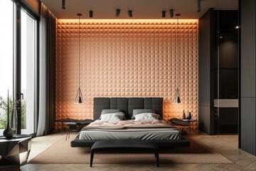 A contemporary bedroom featuring a 3D cubic pattern wall in soft peach alongside a modern black bed