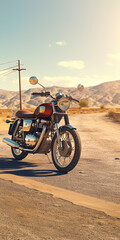A vintage motorcycle standing on a deserted road under a bright sun