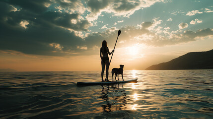 silhouette of a woman with a surfboard with a dog, ai