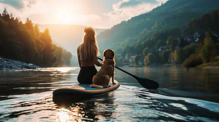 Poster silhouette of a woman with a surfboard with a dog, ai © Alona