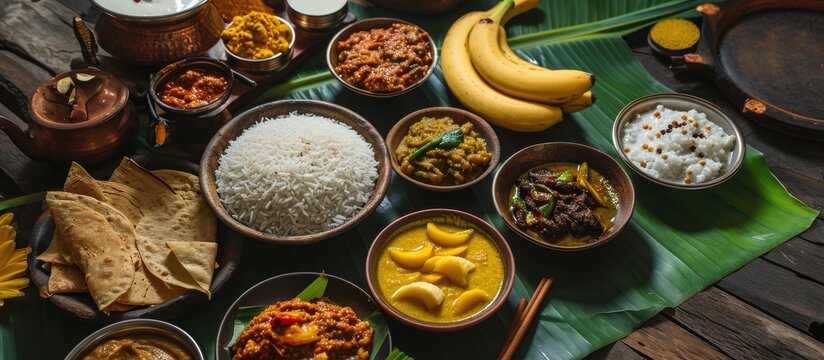 Traditional Indian feast, Onam Sadhya, includes rice, various curries, papadum, banana chips, payasam, banana, and yogurt or buttermilk.