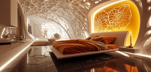 Obraz na płótnie Canvas A futuristic bedroom featuring a 3D intricate wall with a dynamic LED light display and a high-gloss orange bed