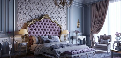 A luxurious bedroom featuring a 3D intricate wall with a dazzling diamond lattice design in silver...