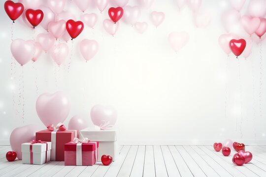 Romantic white room background with balloons hearts and gift box