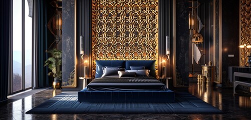 A luxurious bedroom showcasing a 3D intricate wall with a gold and sapphire blue geometric pattern complemented by a royal blue bed
