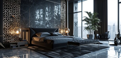 A luxurious bedroom showcasing a 3D intricate wall with a shimmering silver and black geometric design complemented by a plush black velvet bed