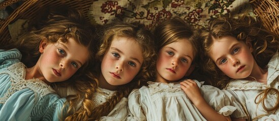 Four young girls lying on a wicker rug, facing the camera.