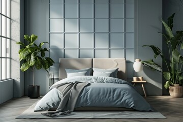 A minimalist bedroom showcasing a 3D abstract grid wall in pastel blue complemented by a stylish grey bed