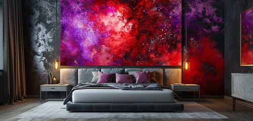 A modern bedroom featuring a 3D intricate wall displaying a neon abstract galaxy design in a bold combination of red and purple complemented by a sleek silver bed