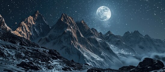 Moonlit mountain range with celestial galaxy in the night.