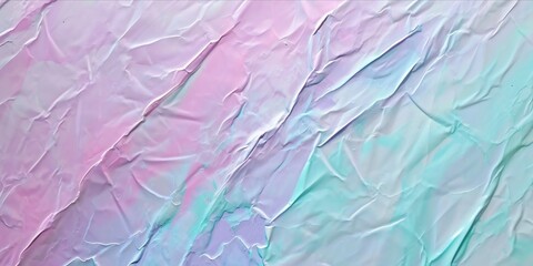 A holographic texture with crinkled details in pastel pink and soft blue, creating a dreamlike abstract background.