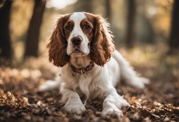 A cute cocker spaniel dog lying in the forest during a sunny day
