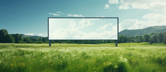 Empty billboard in green field for summer advertising.