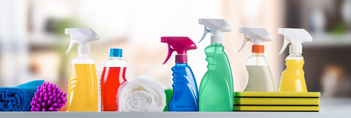Close up of cleaning products and tools. Copy space for text or advertisement