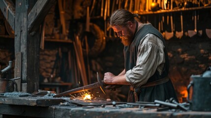 Viking blacksmith sharpening metal weapons on a workbench. Historical and strict atmosphere. Act of sharpening metal weapons - obrazy, fototapety, plakaty