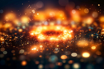 Background of abstract glitter lights. Defocused Golden Particles Glittery against Dark Background...