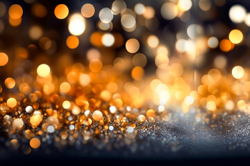 Background of abstract glitter lights. Defocused Golden Particles Glittery against Dark Background...