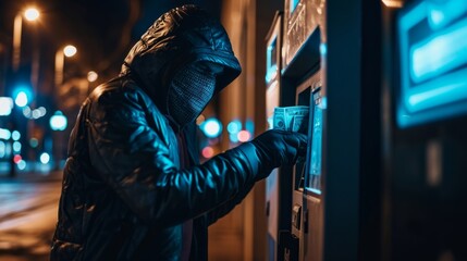 Criminal activity. A masked thief steals money from an ATM at night. Secret and illegal actions