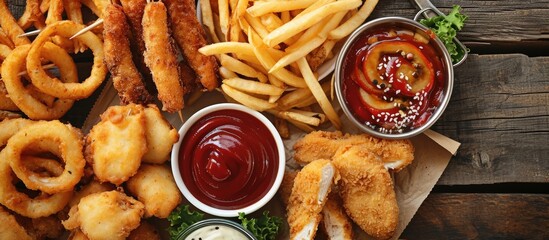 Vertical top-view image of pub appetizers with fried mozzarella sticks, onion rings, fries, chicken nuggets, and sauce; text space available. - obrazy, fototapety, plakaty