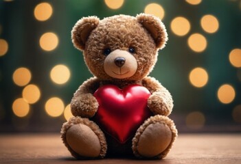 Teddy bear with a heart. Backdrop with selective focus and copy space