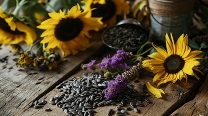 Naklejka na ściany i meble Table is decorated with natural sunflower seeds and flowers. Sunflower seeds and bright flowers