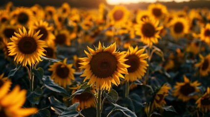 Fototapeta premium Sunflower field during daylight. Bright yellow sunflowers bathed in natural sunlight. A feeling of warmth, beauty, peace of nature. Concept of positivity and energy of the sun